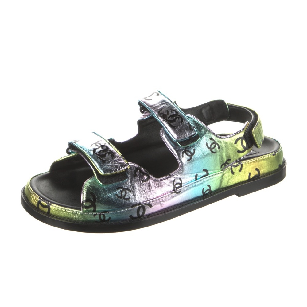Chanel Dad Sandals Printed Laminated Lambskin Multicolor Black 23C